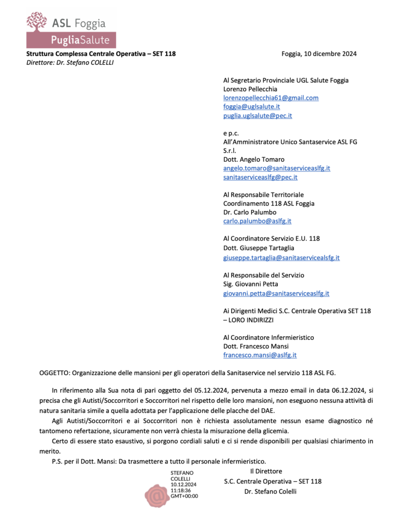 Screenshot-2024-12-19-alle-06.47.28-805x1024 Sanitaservice Foggia, UGL Salute e gestione delle mansioni dei Soccorritori: no a DAE, ECG e Glicemia. E' abuso di professione.