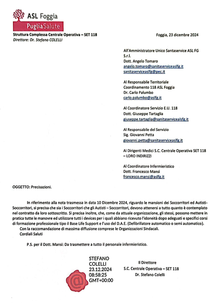 Screenshot-2024-12-23-alle-14.10.57-749x1024 Precisazioni sulle mansioni dei soccorritori e autisti-soccorritori: comunicazione ufficiale della Centrale 118 di Foggia. Richieste dalla FP CGIL.