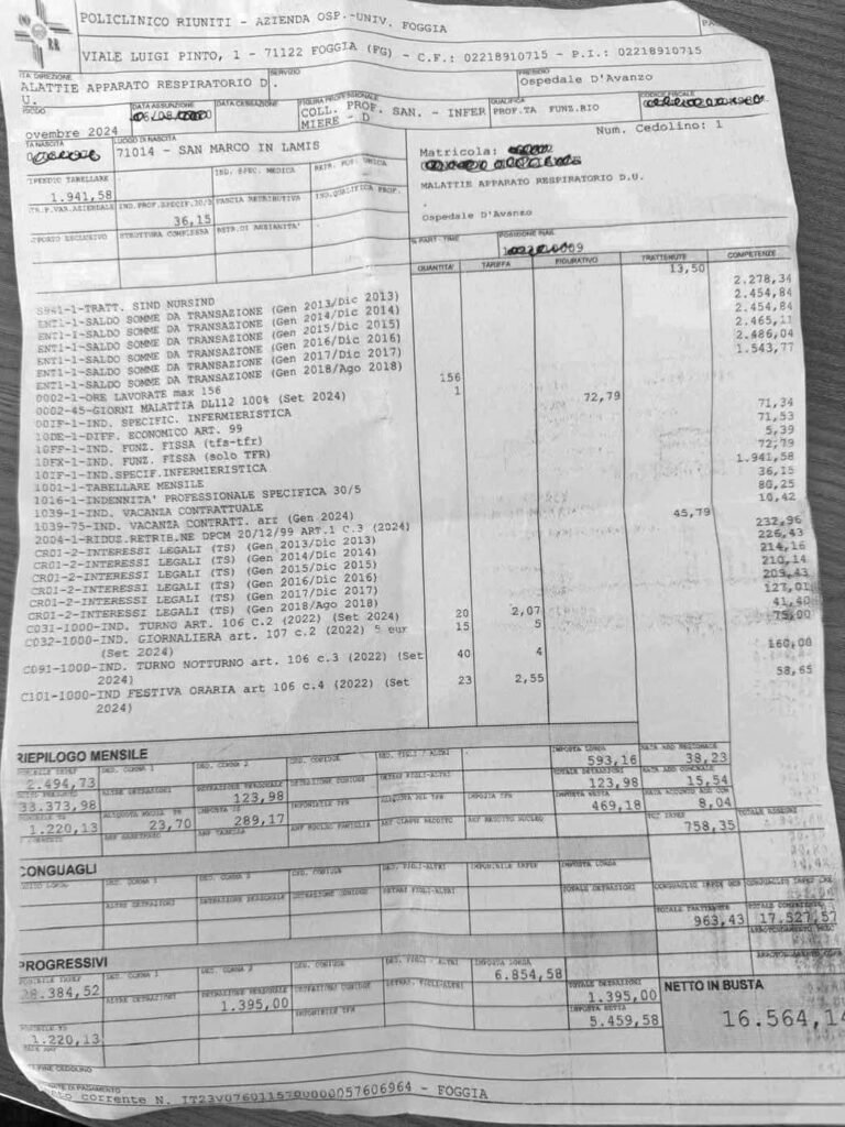 BustaPagaInfermiere-768x1024 Azienda Ospedaliera condannata al risarcimento di € 16.564,14: quando la Professione Infermieristica viene calpestata.